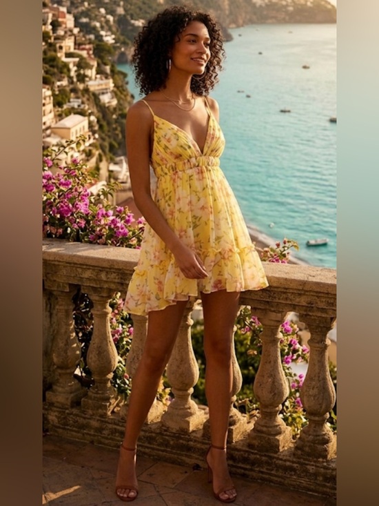 Mac Duggal Dresses & Skirts - leena for Mac Duggal Yellow Floral Empire Waist Ruffled Mini Dress Size 6